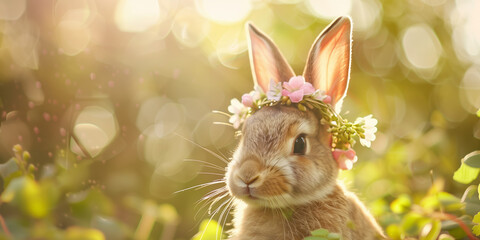 Cute little bunny rabbit wearing flower crown around it's ears having fun in blossoming lawn on sunny spring day.