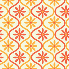 Retro Yellow and Orange Flowers  on Mid Century Ogee Ovals Seamless Pattern. For Wallpaper, Fabric and Home décor