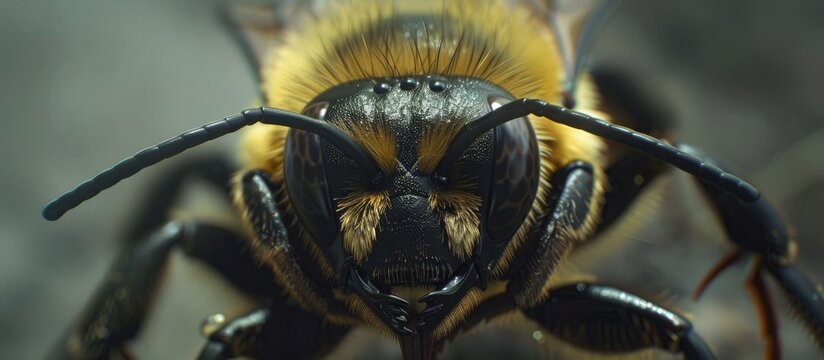 A close-up view of a carpenter bee perched on a piece of wood. The bees intricate wings and segmented body are visible, as it appears to be resting on the textured surface.