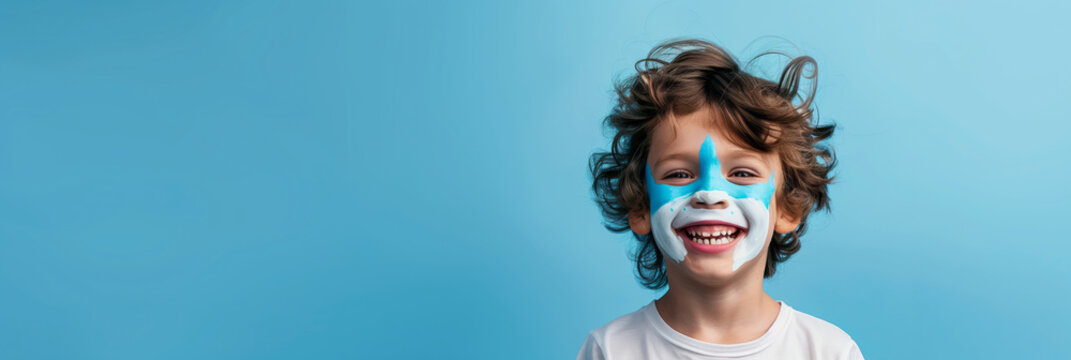 Cheerful child with shark face make-up on blue background with copy space.