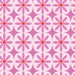 Retro Pink Flowers with Mid Century Starbursts Seamless Pattern. For home décor, Wallpaper and Textile