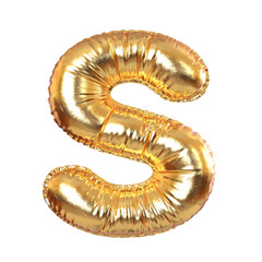 Golden Metal Balloon English Alphabet Letter S for Festive, Text, Holidays. 3d Rendering