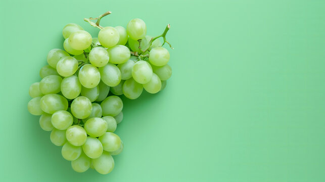  bunch of fresh green grapes isolated  on a pastel green background, shown from a top view as a flat lay with minimal concept