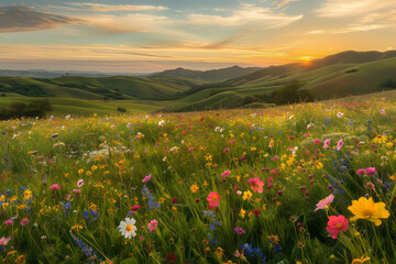 A wide-angle view of a vibrant wildflower meadow in the countryside, with colorful blossoms scattered across the landscape and rolling hills in the background under the warm glow of sunset.