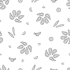 Seamless pattern of mussels, lemon and sauce doodle icon. Vector illustration seafood background, open mussel shells. - 768660844