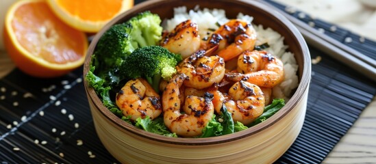 Spicy shrimp bento with tangerine and broccoli on a lotus leaf bun.