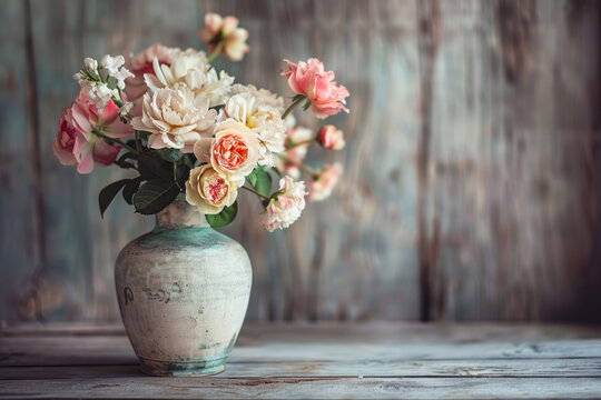 A vintage-style vase filled with a stylish floral arrangement, positioned against a rustic wooden backdrop to create a timeless and elegant image of blooming flowers.