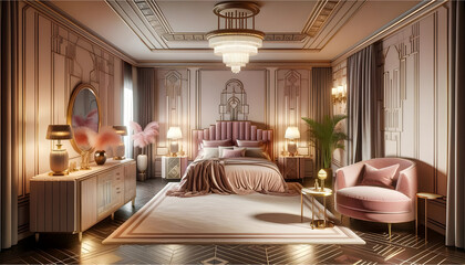 Photorealistic interior of an art deco pink bedroom. Generative AI illustration