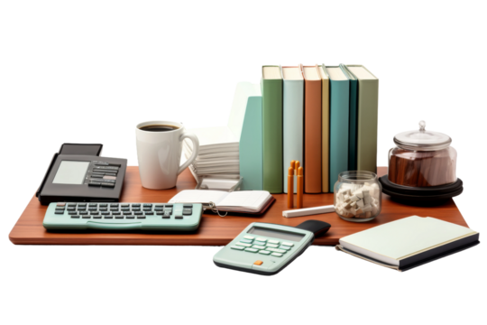 Wisdom at Work: A Prolific Desk Scene. On a White or Clear Surface PNG Transparent Background.