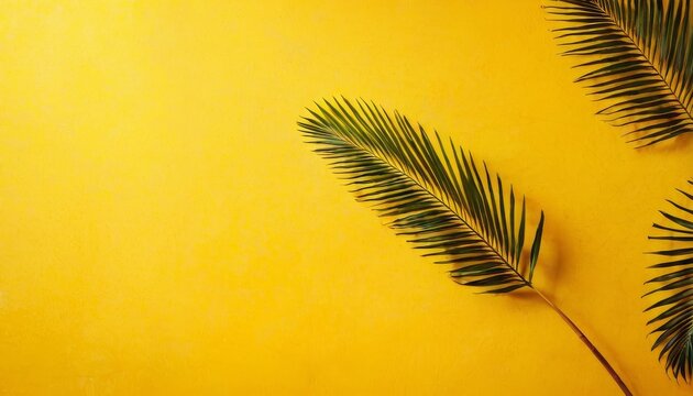 Colorful summer background with copy space. Bright yellow illustration of tropical palm branch