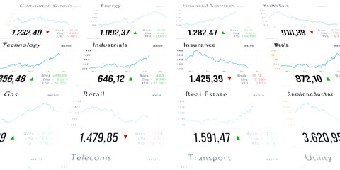 Some sector index charts and market data, Industrials, Technology, Mediaand Insurance. Stock market and exchange, trading, close-up screen, research, investment. 3D illustration