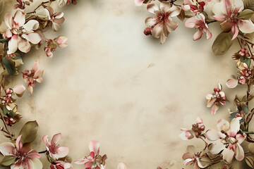 Vintage floral border with almond blossoms on textured background.