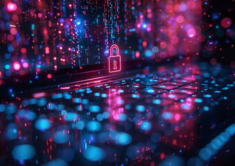 Cyber security and information technology concept. Laptop with padlock and binary code. 3D Rendering. AI.