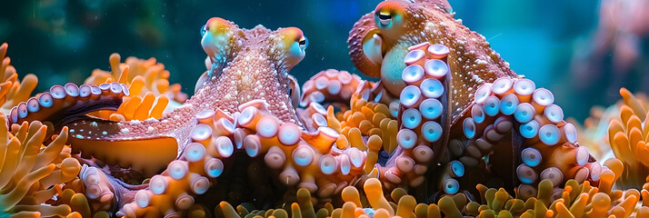 a couple of octopus sitting next to each other on top of a bed of orange and blue sea anemones.