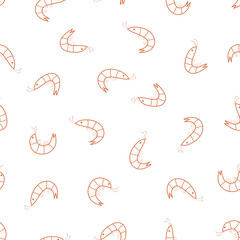 Seamless pattern of randomly arranged curved shrimps. Vector illustration of red shrimp, seafood wallpaper background. - 768661820