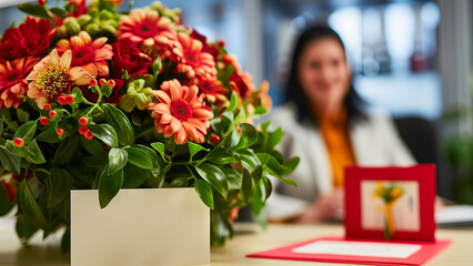 A blank card and a lush bouquet of red, orange, and yellow flowers on a blurry office background, with a happy female worker