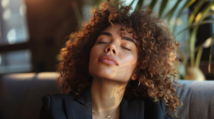 Portrait of a beautiful young african american woman with curly hair relaxing in a cafe. AI.
