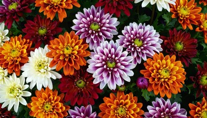 Flowers wall background with amazing red, orange, pink, purple, green and white chrysanthemum flowers background