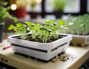Hydroponic growing plants in artificial environment. Home greenhouse for vegetables. Young sprout in incubator. - 768662033