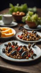Insects, beetles and larvae as food on served plates. Concept Hunger and food of the 21st century.