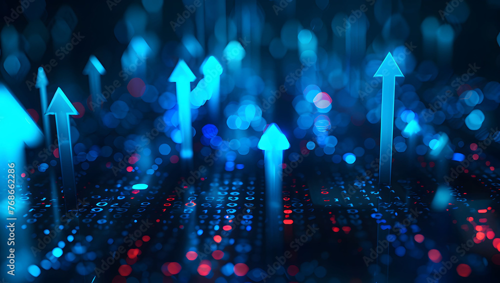 Poster abstract background with blue glowing arrows pointing upwards, representing growth and progress in t