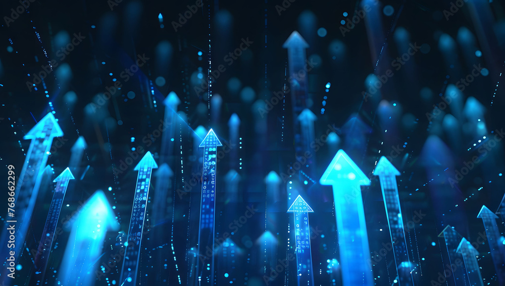 Poster abstract background with blue glowing arrows pointing upwards, representing growth and progress in t