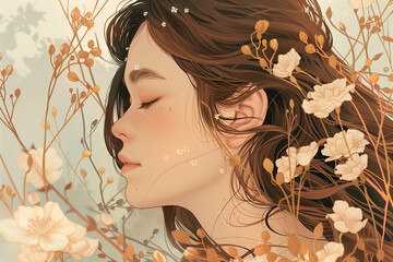 Serene female surrounded by flowers and nature, ideal for wellness and beauty themes.