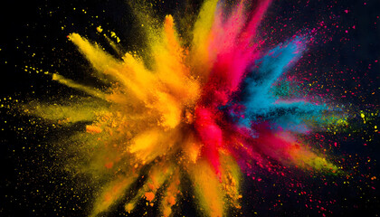 A vibrant and dynamic burst of colored powder creates a visually striking display against a stark black backdrop. The powders mix and collide in a chaotic yet mesmerizing manner - 768662275