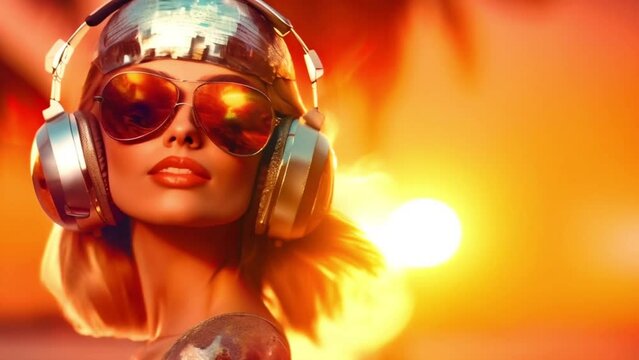 Fashionable playful girl wearing big headphones and trendy sunglasses. Summer sunset beach disco party