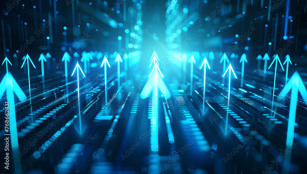 Poster abstract background with blue glowing arrows pointing upwards, representing growth and progress in t