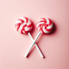 Red and white striped lollipops form an 'X' on a plain pink background, symbolizing a sweet intersection of flavors and joy. The composition is simple yet playful. AI generation