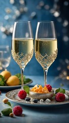A food photography featuring two festive glasses of champagne, beautifully decorated with intricate details. Bright vibrant food composition. Culinary artistry. 