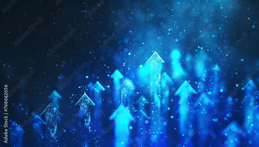 Poster abstract background with blue glowing arrows pointing upwards, representing growth and progress in t