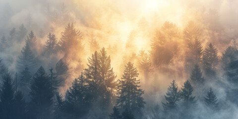 A scenic view of a misty forest at sunrise with warm golden light filtering through the trees and illuminating the fog