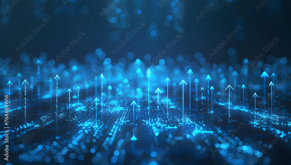 Poster abstract background with blue glowing arrows pointing upwards, representing growth and progress in t