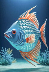 Amazing beautiful fish cut out of paper, simple background, kirigami style