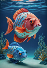 Amazing beautiful fish cut out of paper, simple background, kirigami style