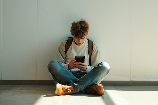 Young man sitting on the floor absorbed in smartphone use, suitable for tech and lifestyle themes.
