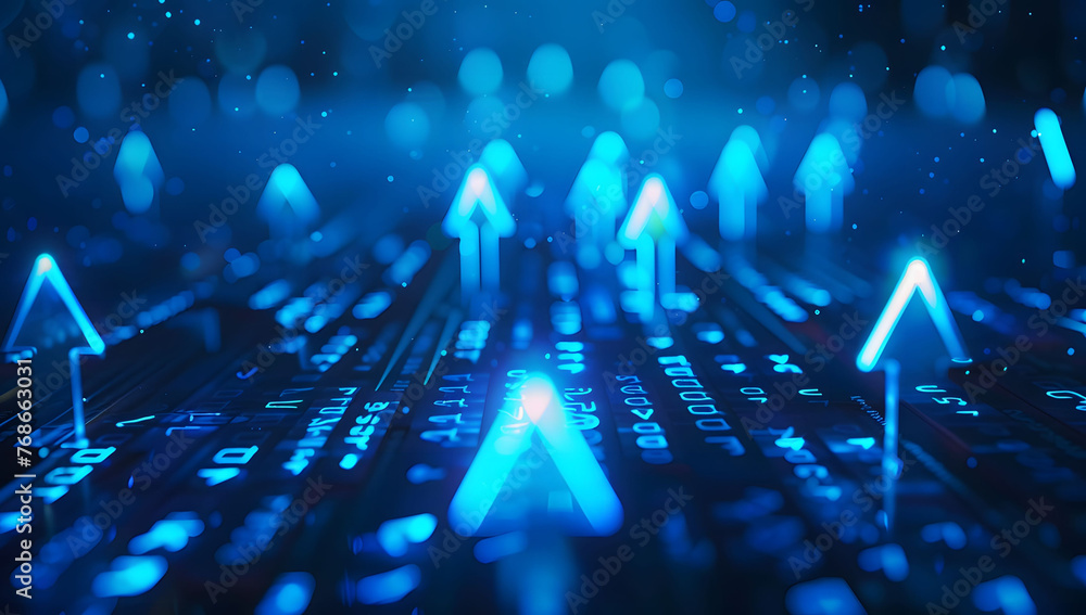 Poster abstract background with blue glowing arrows pointing upwards, representing growth and progress in t