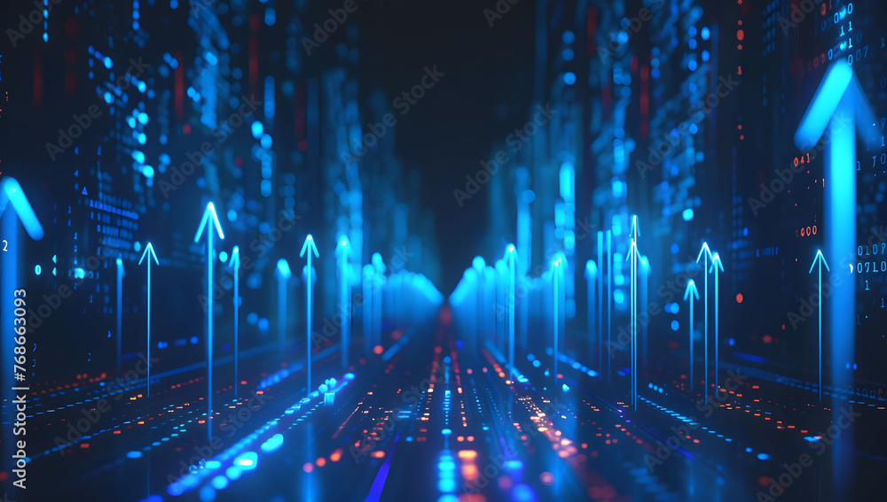 Poster abstract background with blue glowing arrows pointing upwards, representing growth and progress in t