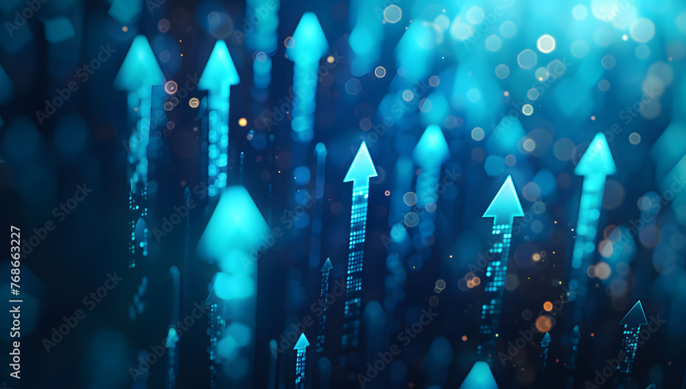Poster abstract background with blue glowing arrows pointing upwards, representing growth and progress in t