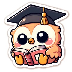Illustration of cute cartoon graduate owl wearing mortar board reading book, education concept