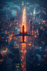 Airplane flying over a city at night
