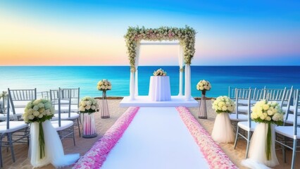 A beach wedding with a white arch and chairs. The chairs are arranged in a row and the arch is decorated with flowers. The beach is calm and the water is blue