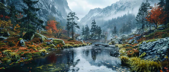 Autumn Mountain Reflection: Majestic Scenery with Colorful Foliage and Misty Lakes, A Hiker Dream