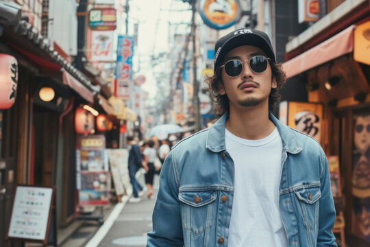 Casual urban style captured in a focused young man with sunglasses in a city backdrop