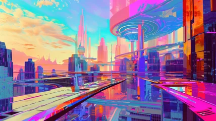 Tragetasche pop art of a futuristic city. digital art illustration. generative AI. © Pavithiran