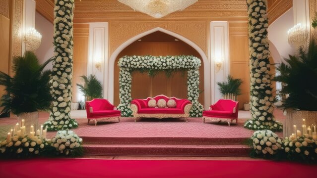 A red couch is in the middle of a red carpeted room. The room is decorated with flowers and has a red and white color scheme