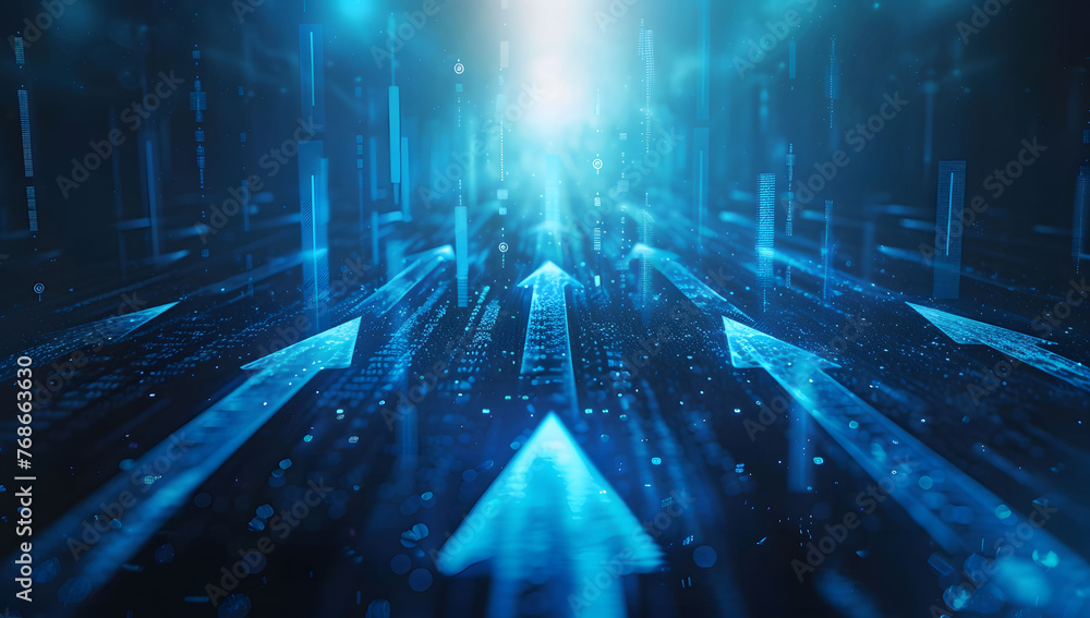Poster abstract background with blue glowing arrows pointing upwards, representing growth and progress in t