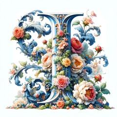 Fototapeta na wymiar Ornate Watercolor Painting Letter 'I' with a Baroque Style Design